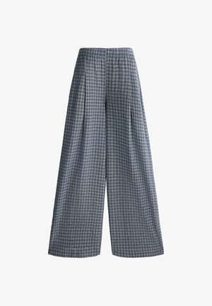 Pantaloni a gamba larga con motivo a quadri blu e grigio e vita elasticizzata.
