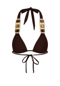 Hnědý bikini s trojúhelníkovým vzorem, s popruhy s akcenty zlata zdobenými několika obdélníkovými drahokamovými detaily. Zavazuje se na krku a vzadu.