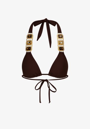 Ruskea bikinit, joissa on kolmion muotoinen muotoilu, ja kultakoristeiset hihnat, joissa on useita suorakulmaisia jalokivimäisiä yksityiskohtia. Sidotaan kaulalle ja selkään.