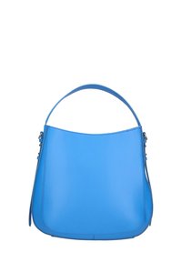 Borsa a mano in pelle blu con una texture liscia, cima curva e manico singolo. Presenta un design minimalista e senza hardware visibili.