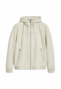 Giacca leggera color crema con cappuccio, chiusura a zip e due tasche laterali, realizzata in materiale liscio e resistente con design a pannelli a contrasto.