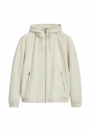 Lichte crèmekleurige jas met een capuchon, ritsluiting en twee zijzakken, gemaakt van een gladde, duurzame stof met een contrasterend paneelontwerp.