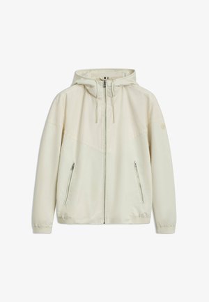 Lightweight cream-colored jacket featuring a hood, zip fastening, and two side pockets, made of smooth, durable material with contrasting panel design.