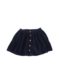 Navyblaue Cordrock mit elastischem Bund, Knopfverschluss vorne, zwei Seitentaschen und ausgestelltem Design.