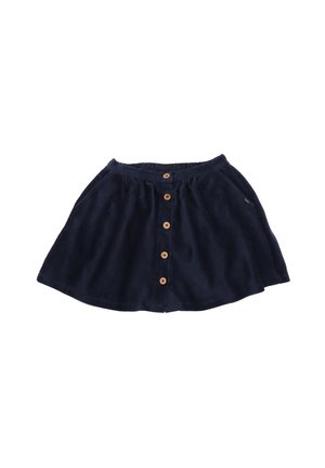 Navyblaue Cordrock mit elastischem Bund, Knopfverschluss vorne, zwei Seitentaschen und ausgestelltem Design.