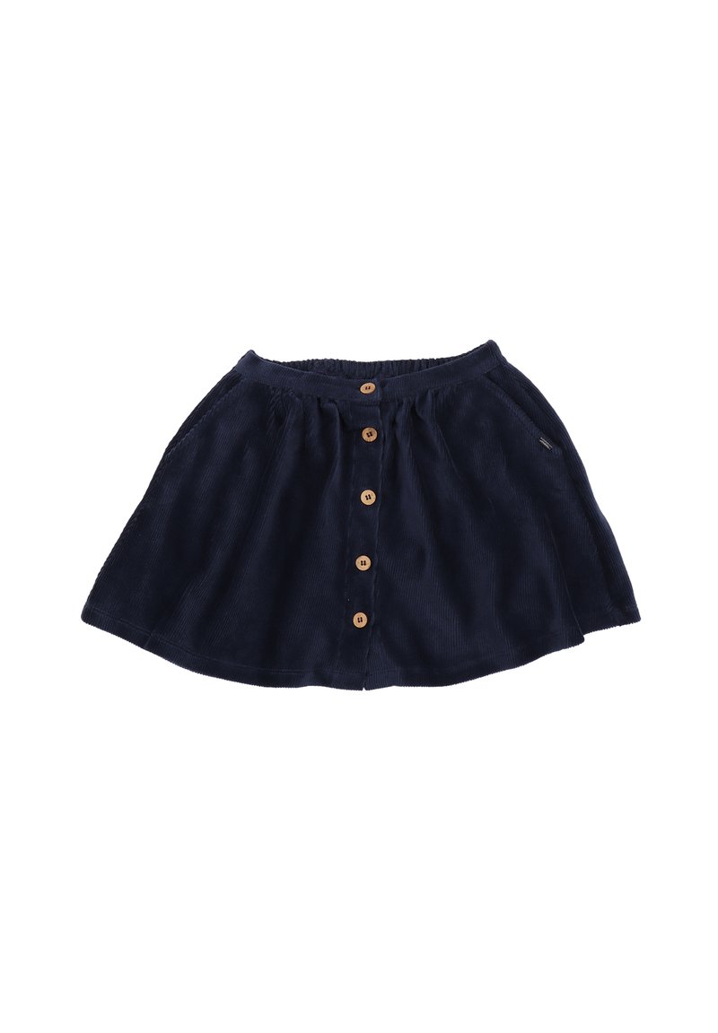 Navyblaue Cordrock mit elastischem Bund, Knopfverschluss vorne, zwei Seitentaschen und ausgestelltem Design.