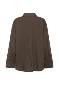 Brown long-sleeve shirt with a collar, back pleat, buttoned cuffs, and a smooth, woven texture. Simple and functional design.
