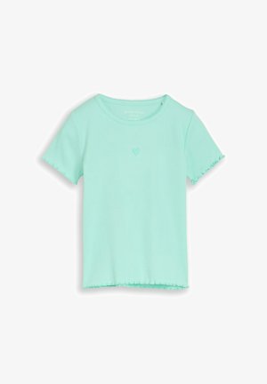 Maglietta a maniche corte verde menta a coste con orli a effetto foglia di lattuga e un piccolo ricamo a forma di cuore al centro del petto.