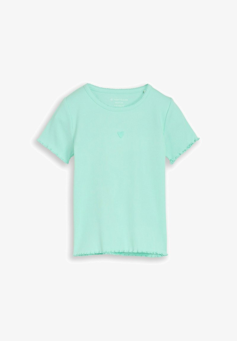 Chemise à manches courtes côtelée vert menthe avec ourlets en forme de laitue et petite broderie de cœur au centre de la poitrine.