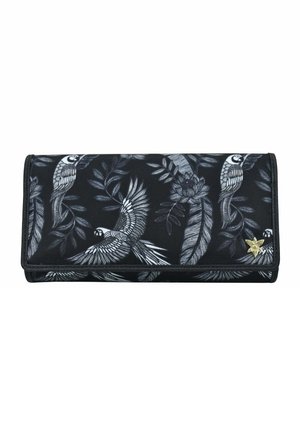Black wallet featuring a detailed monochrome parrot and foliage design, with a textured finish and a gold floral accent on the side.
