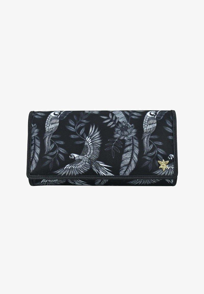 Zwarte portemonnee met een gedetailleerd monochroom ontwerp van een papegaai en bladeren, met een gestructureerde afwerking en een gouden bloemenaccent aan de zijkant.