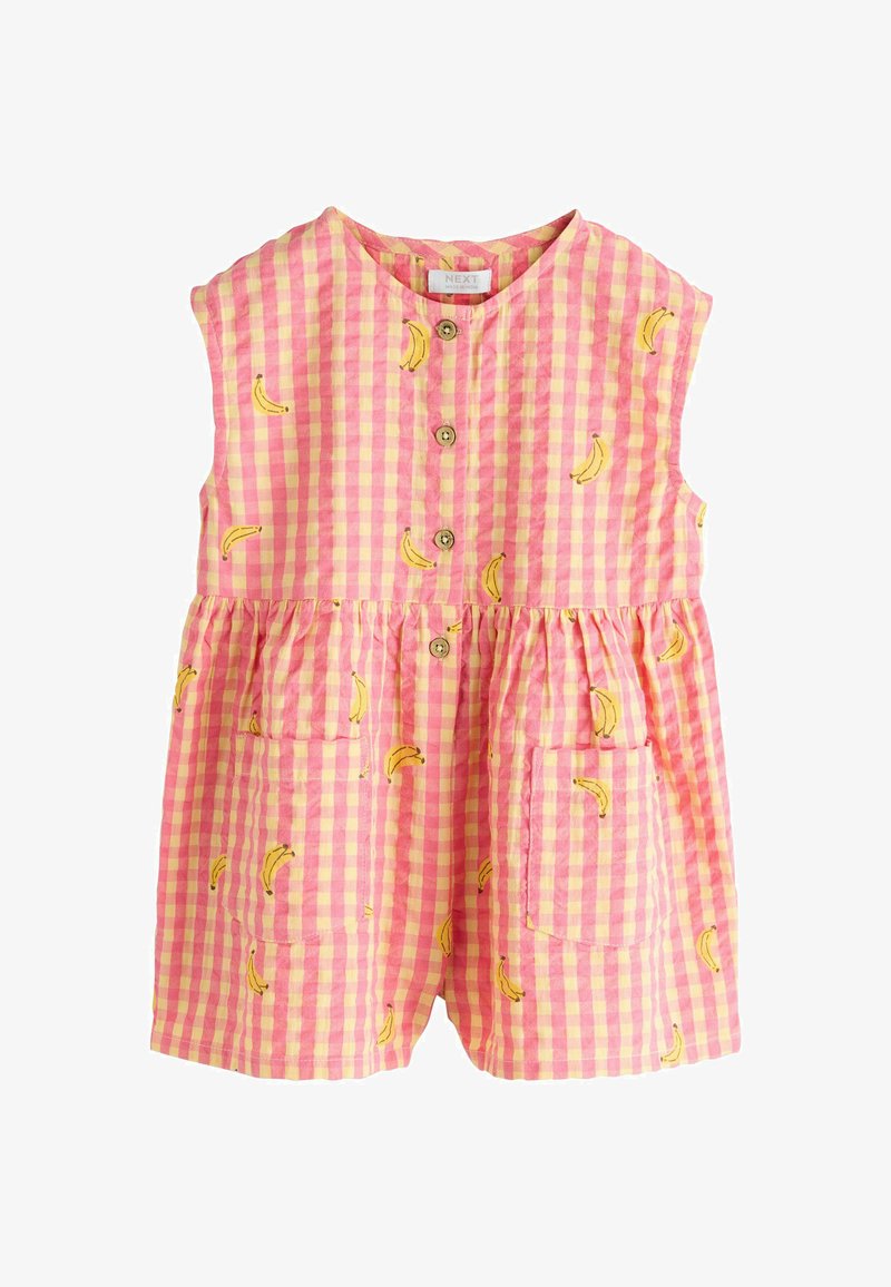 Mono corto de cuadro vichy en rosa y amarillo, con motivos de plátanos, botones en el frente, mangas tipo capa y dos bolsillos delanteros.