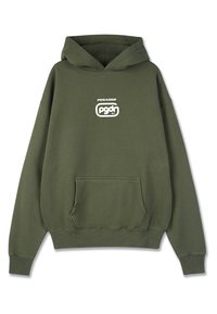 Felpa con cappuccio verde oliva, con tasca a marsupio frontale e logo bianco "PEGADOR pgdr" centrato sul petto.