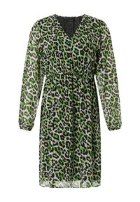 Transparente grün und schwarze Leopardenprint-Kleid mit langen Ärmeln, V-Ausschnitt und geraffter Taille, das eine leichte, fließende Textur aufweist.
