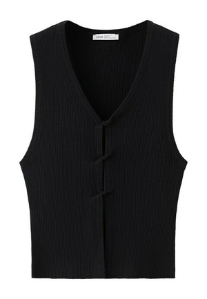 Gilet noir côtelé sans manches en maille, avec col en V et deux fermetures à boutons boucles en tissu à l'avant.