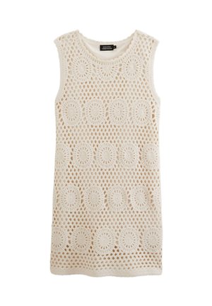 Robe sans manches au crochet couleur crème avec des motifs circulaires et un design en maille ouverte. Dotée d'un col rond et d'une texture douce.