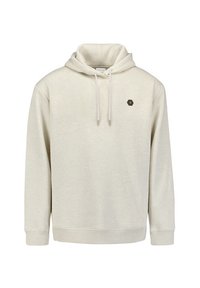Lichtbeige hoodie met een trekkoordcapuchon, kangoeroezak, ribgebreide mouwen en een klein hexagonaal logo op de borst. Zachte, textuurrijke stof.