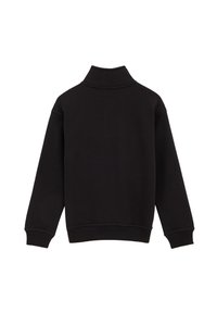 Melna tiešā svītra ar augstu apkakli, mīksts audums, kritušām plecu šuvēm un ribām pie piedurknēm un apakšmalas. Nav redzamu logo vai rakstu.