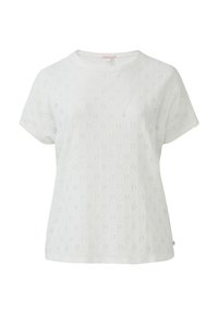 Witte t-shirt met korte mouwen van een gestructureerde stof, met een bloemdessin van oogjes en een ronde halslijn. Ontspannen pasvorm aan de zijkanten.