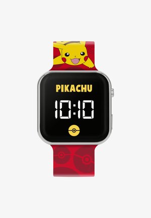 Pikachu-thema smartwatch met een zwarte wijzerplaat, vetgele "PIKACHU" tekst, digitale tijdsaanduiding en een rode band met Pokéball-patronen.