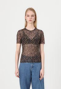 Permatomas trumpas rankoves viršus rudu ir juodu leopardų raštu, su apvaliu kaklu ir prigludusia forma.