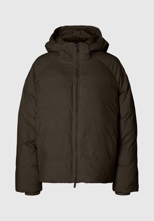 Giubbotto imbottito marrone scuro con cappuccio, dotato di chiusura a zip completa e maniche raglan; texture liscia e design isolato.