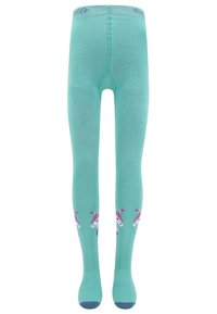 Türkise Strumpfhosen aus weichem Material mit Einhornmotiven in Rosa und Weiß auf den Beinen, mit einer verstärkten Zehenpartie in dunklerem Blau.