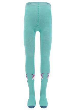 Türkise Strumpfhosen aus weichem Material mit Einhornmotiven in Rosa und Weiß auf den Beinen, mit einer verstärkten Zehenpartie in dunklerem Blau.