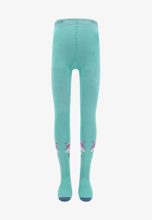 Türkise Strumpfhosen aus weichem Material mit Einhornmotiven in Rosa und Weiß auf den Beinen, mit einer verstärkten Zehenpartie in dunklerem Blau.