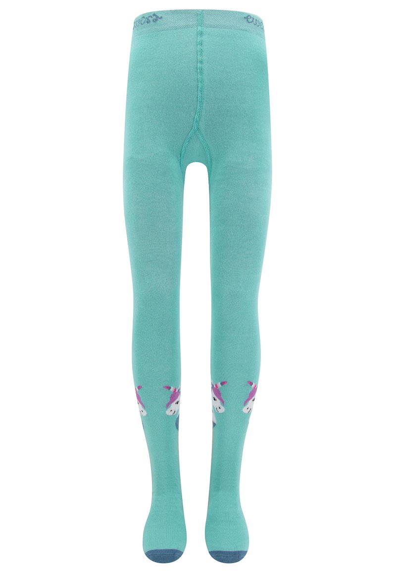 Türkise Strumpfhosen aus weichem Material mit Einhornmotiven in Rosa und Weiß auf den Beinen, mit einer verstärkten Zehenpartie in dunklerem Blau.