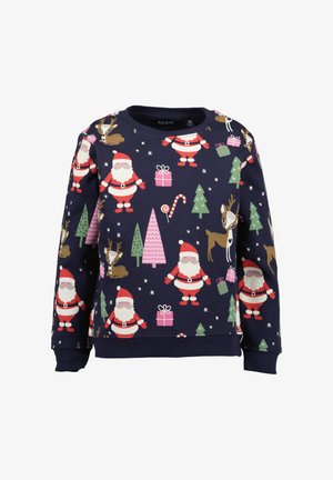 Sweat à capuche bleu marine avec un imprimé festif de Santa, rennes, arbres et cadeaux dans des couleurs rouge, vert, rose et blanc. Poignets et ourlet côtelés.