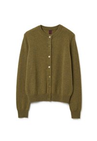 Cardigan a maglia verde oliva con maniche lunghe, scollatura rotonda e sette bottoni frontali, polsini e orlo a coste.