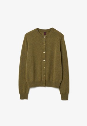 Cardigan a maglia verde oliva con maniche lunghe, scollatura rotonda e sette bottoni frontali, polsini e orlo a coste.