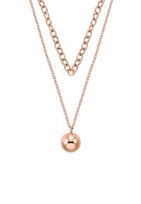 Collana a strati in oro rosa che presenta due catene: una catena a maglia ovale spessa e una catena più sottile, con un pendant sferico liscio in basso.