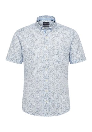 Hellblaues kurzärmeliges Hemd mit Knöpfen, dezentem Blattmuster und Knopfkragen, auf schlichtem weißem Hintergrund dargestellt.