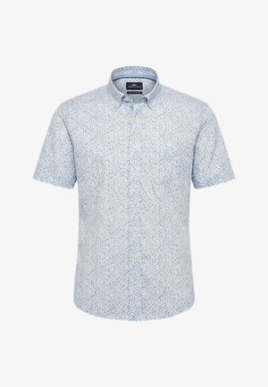 Hellblaues kurzärmeliges Hemd mit Knöpfen, dezentem Blattmuster und Knopfkragen, auf schlichtem weißem Hintergrund dargestellt.