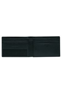 Zwarte leren portefeuille met een gestructureerde afwerking, voorzien van meerdere kaartsleuven, een gaasvakje en een horizontaal ontwerp.