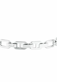 Bracciale in argento con maglie rettangolari e ovali con finitura lucida. Include un piccolo logo inciso su una maglia.