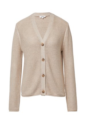 Beige Strickcardigan mit V-Ausschnitt, fünf Holzknöpfen auf der Vorderseite und langen Ärmeln. Strukturiertes Muster im gesamten Stoff.