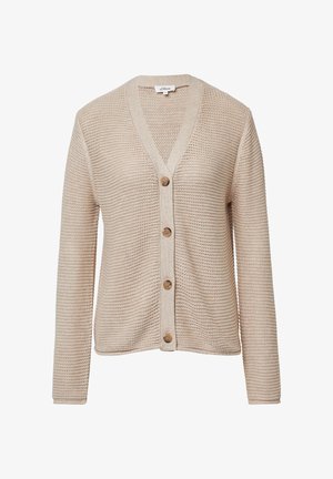 Beżowy sweter z dzianiny z dekoltem w serek, pięcioma drewnianymi guzikami z przodu i długimi rękawami. Teksturowany wzór na całej powierzchni materiału.