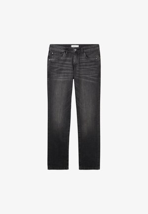 Black denim jeans featuring a straight-leg cut, five-pocket design, and subtle fading. Completes with a button closure and mid-rise waist.