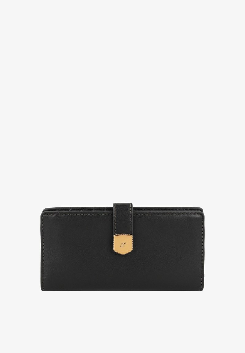 Black leather wallet with a smooth texture, rectangular shape, gold accent hardware, and a magnetic closure. Stitched edges and logo detail.