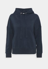 Felpa con cappuccio blu navy realizzata in tessuto morbido. Presenta una chiusura con cordino, vestibilità ampia e polsini e orlo a costine.