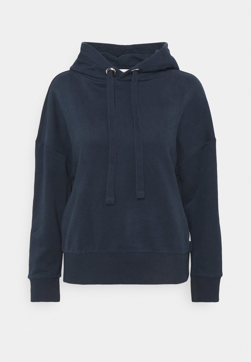 Felpa con cappuccio blu navy realizzata in tessuto morbido. Presenta una chiusura con cordino, vestibilità ampia e polsini e orlo a costine.