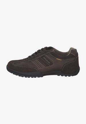 Brown suede sneaker with round toe, lace-up design, contrasting stitching, textured rubber sole, and minimal branding details on the side.