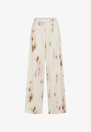 Pantalon crème à jambes larges avec motifs tie-dye marron et violet et taille élastique, présenté sur un fond blanc uni.