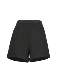 Schwarze Shorts aus glattem Stoff mit umgeschlagenem Saum, elastischem Bund und zwei Seitentaschen. Schlichtes, funktionales Design.