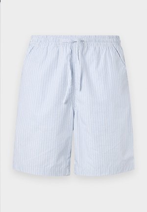 Costume da bagno a strisce blu e bianche realizzato in tessuto leggero, con vita elastica e cordino, e tasche laterali.