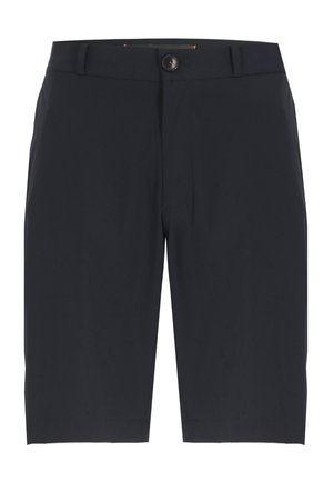 Pantaloncini neri su misura fino al ginocchio con bottone e passanti per cintura, tasche frontali e finitura del tessuto pulita e liscia.