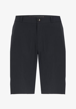 Pantalones cortos negros a la rodilla, confeccionados a medida, con botón y trabillas para cinturón, bolsillos delanteros y un acabado de tela limpio y suave.